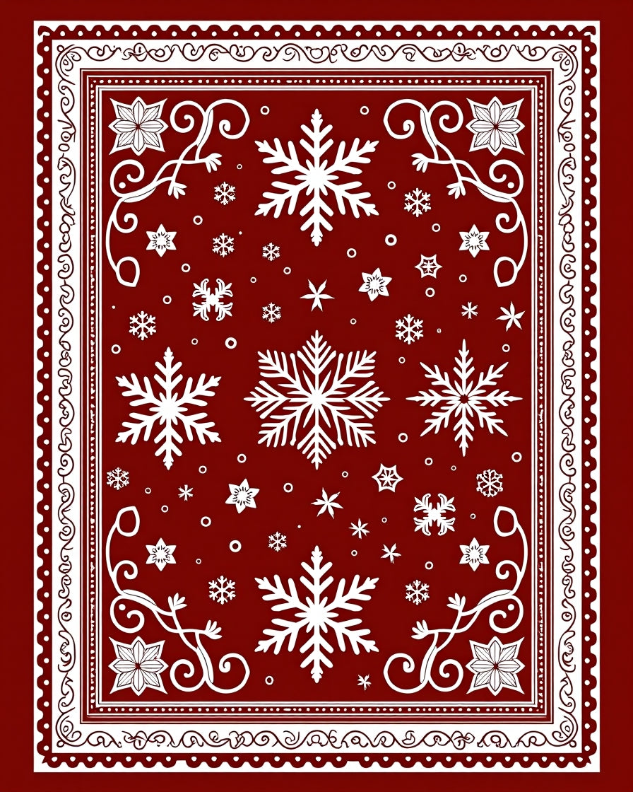 Deep Red Winter Snowflake Border Rug