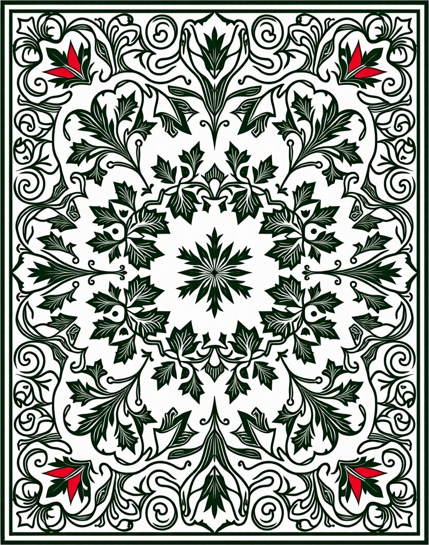 Deep Green Floral Symmetry Red Accents Rug