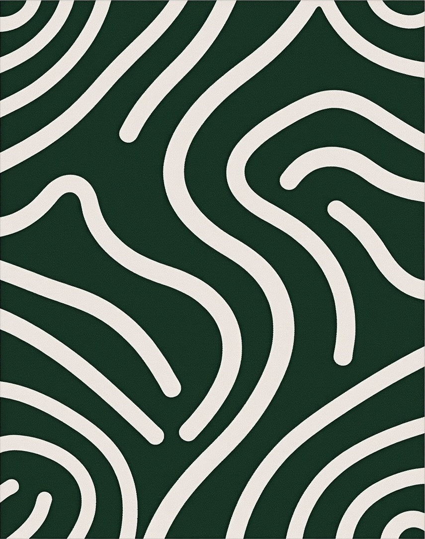Dark Green Cream Abstract Swirl Rug