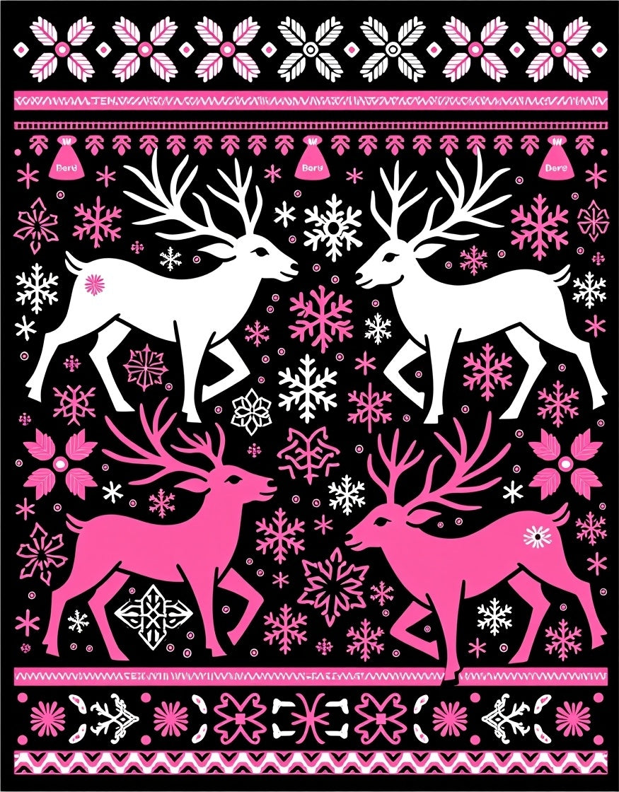 Pink White Deer Snowflake Nordic Rug
