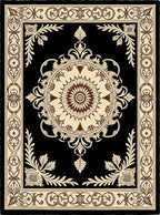 Black and Cream Floral Medallion Scroll Rug