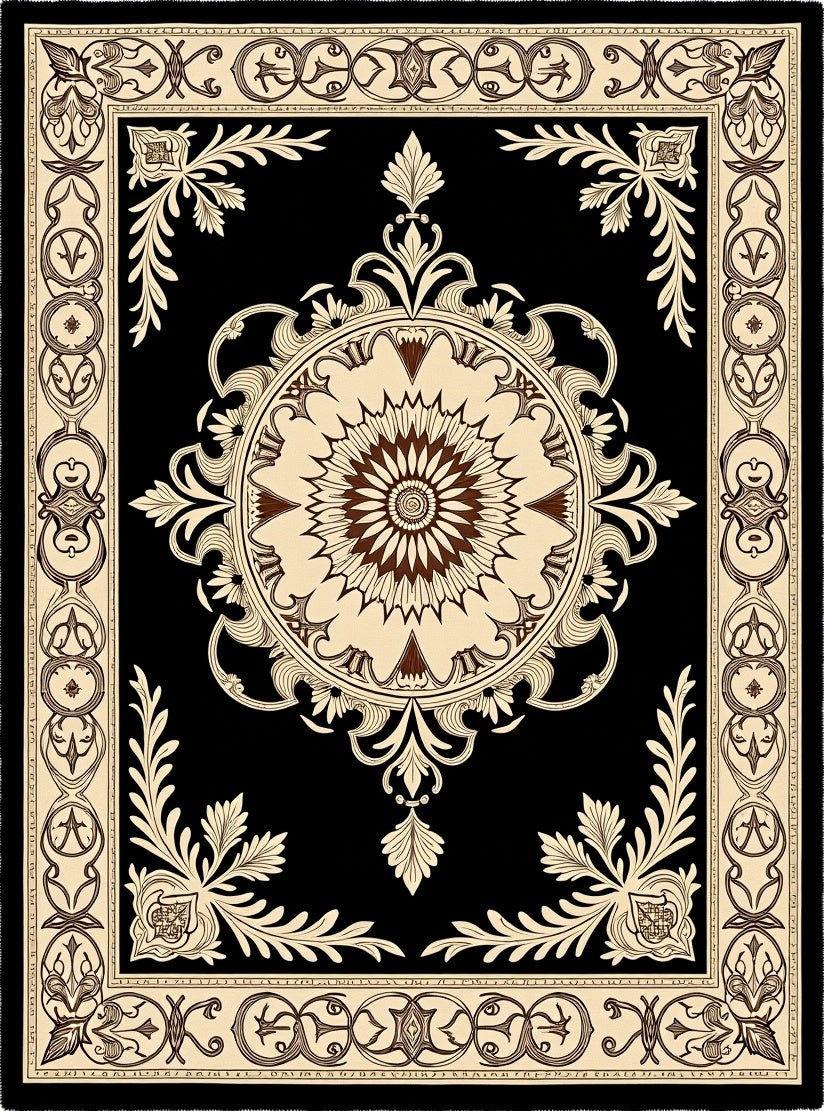 Black and Cream Floral Medallion Scroll Rug