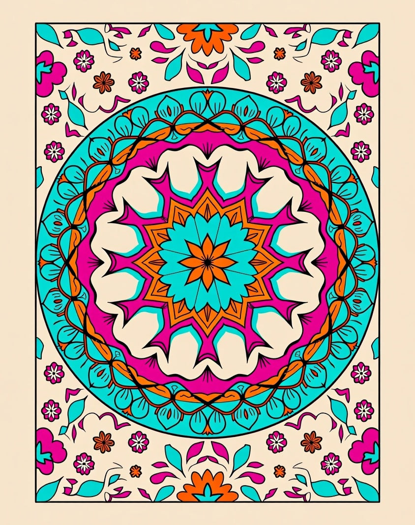 Bright Teal Pink Mandala Floral Accents Rug