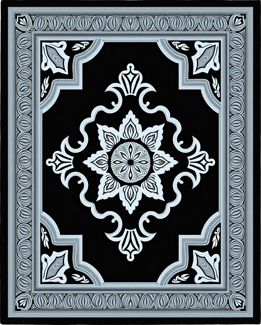 Elegant Black White Floral Medallion Frame Rug