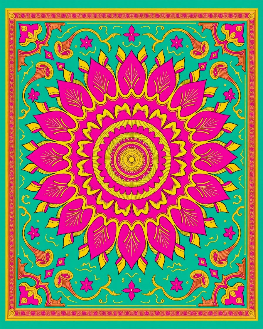 Vibrant Teal Pink Mandala Burst Rug