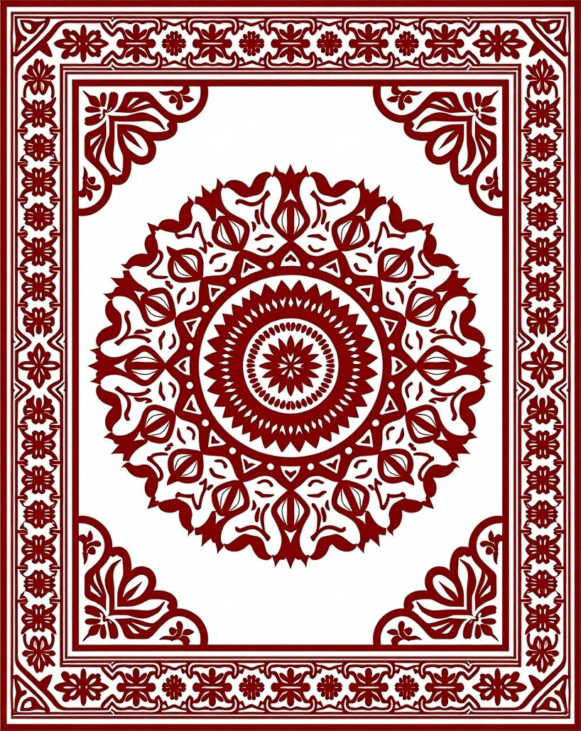 Deep Red Medallion Square Border Rug