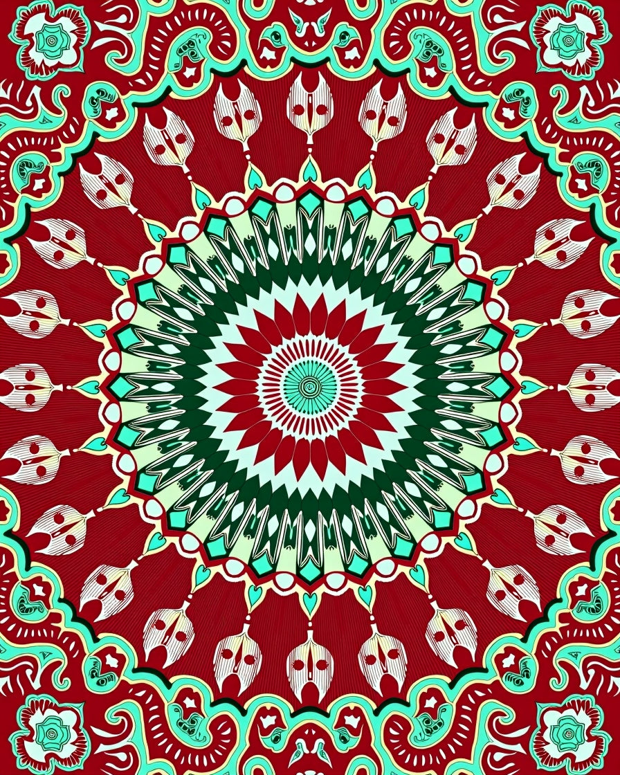 Crimson Emerald Teal Mandala Medallion Rug