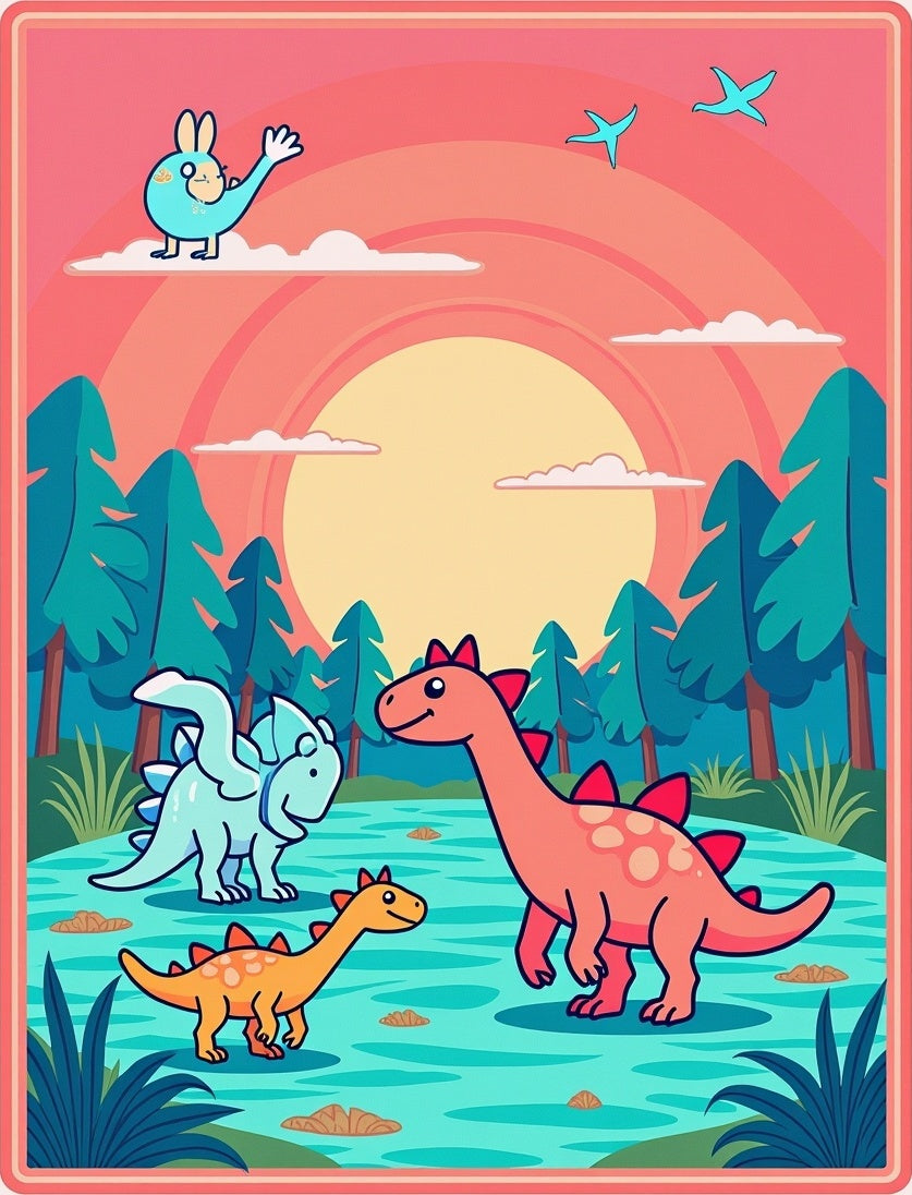 Whimsical Dinosaur Sunset Landscape Rug