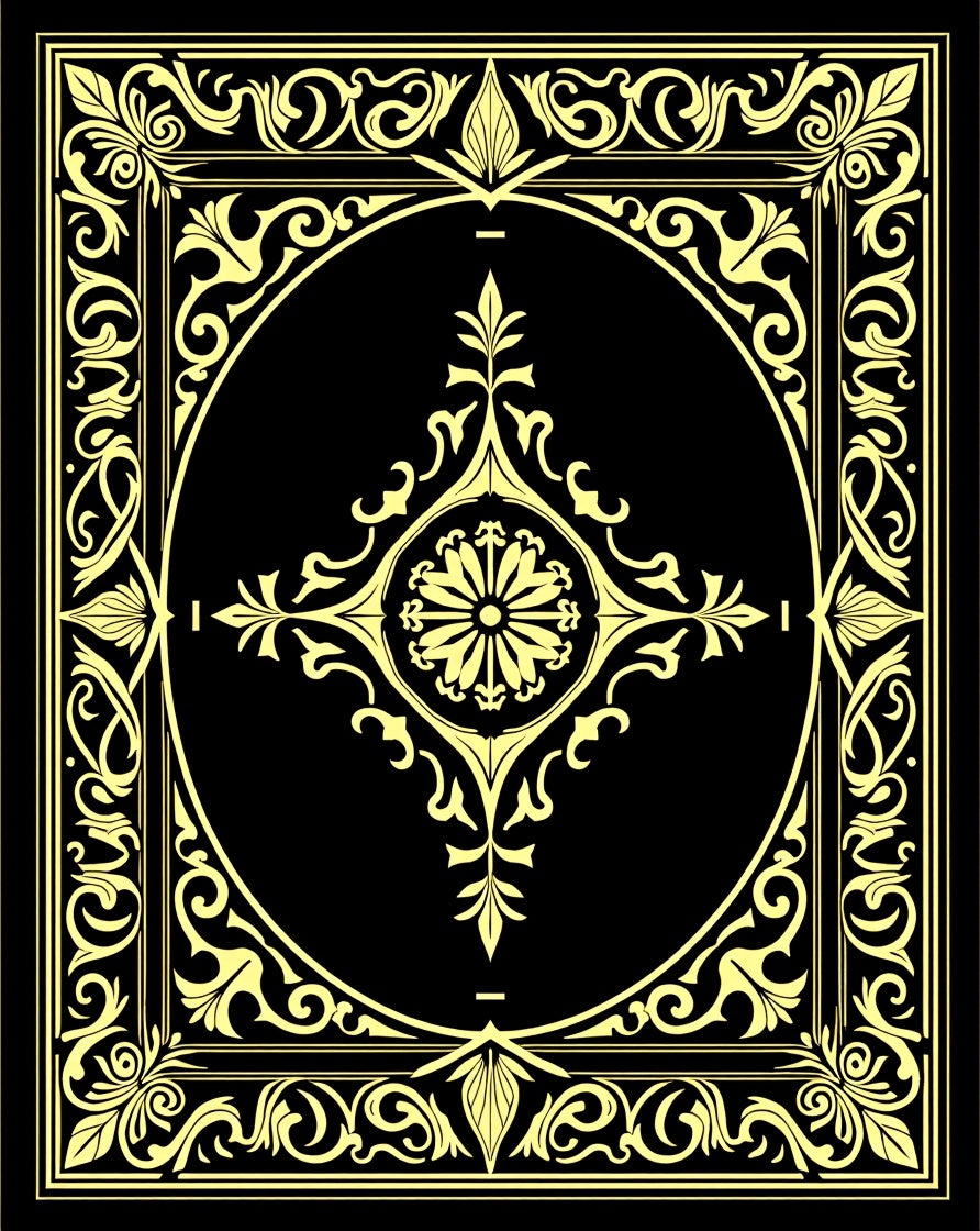 Golden Floral Scroll Medallion Black Rug