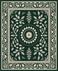 Dark Green Ivory Floral Scroll Medallion Rug
