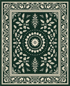 Dark Green Ivory Floral Scroll Medallion Rug