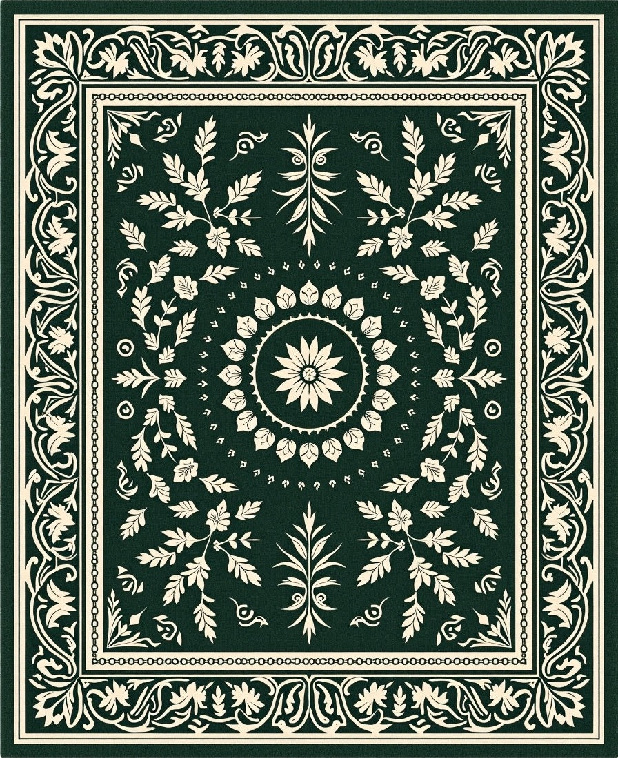 Dark Green Ivory Floral Scroll Medallion Rug