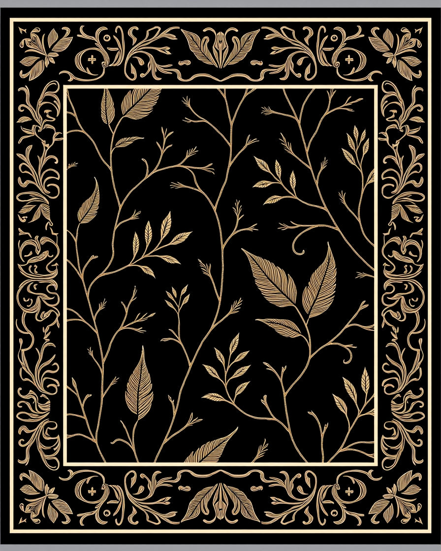 Ornate Black Gold Leaf Branches Rug