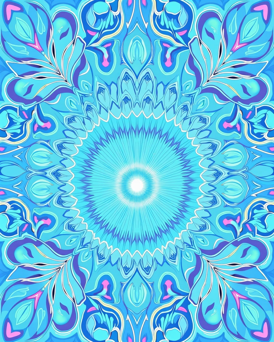 Radiant Aqua Floral Sunburst Mandala Rug