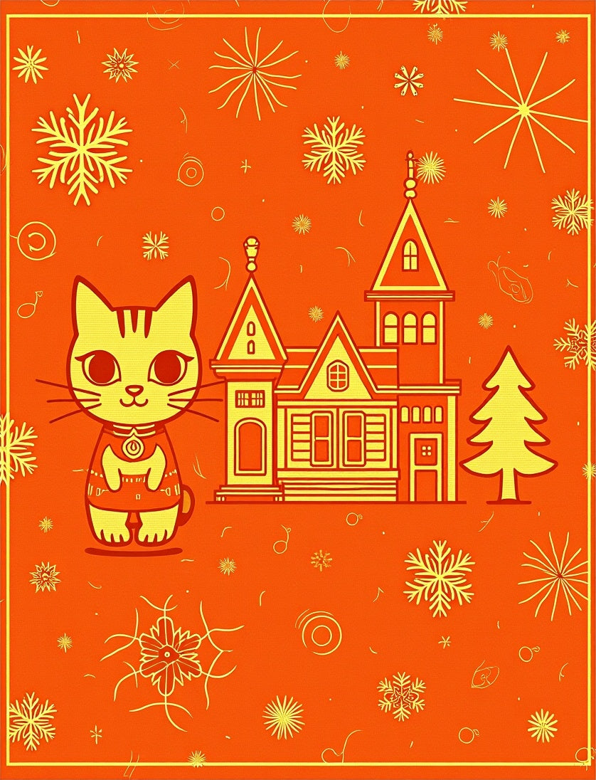 Retro Yellow Cat Meets Winter Village Rug
