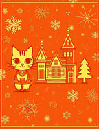 Retro Yellow Cat Meets Winter Village Rug