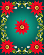 Vibrant Red Floral Garland Teal Rug
