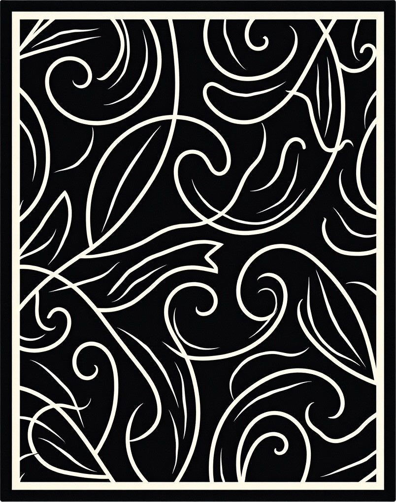 Black and Cream Swirling Floral Vine Rug