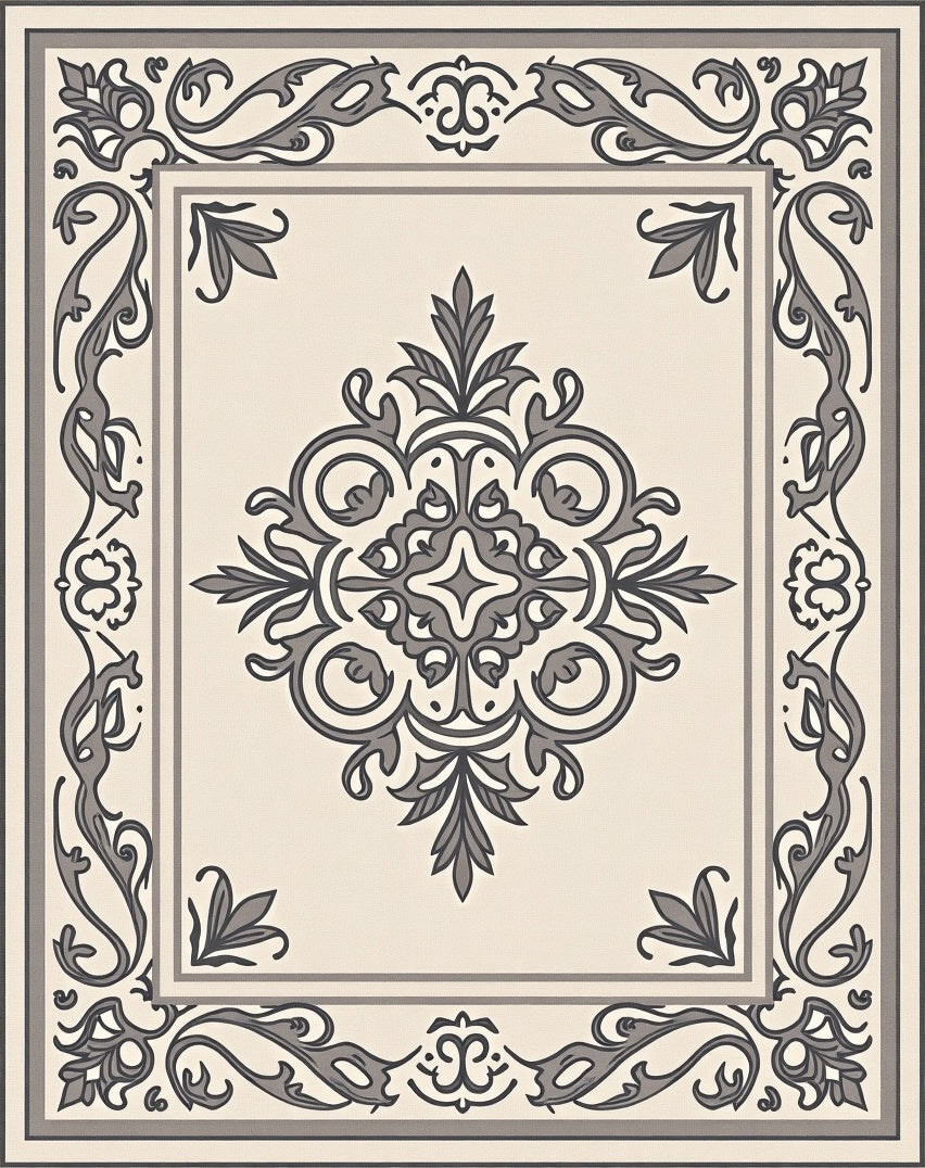 Cream Gray Ornate Floral Medallion Rug