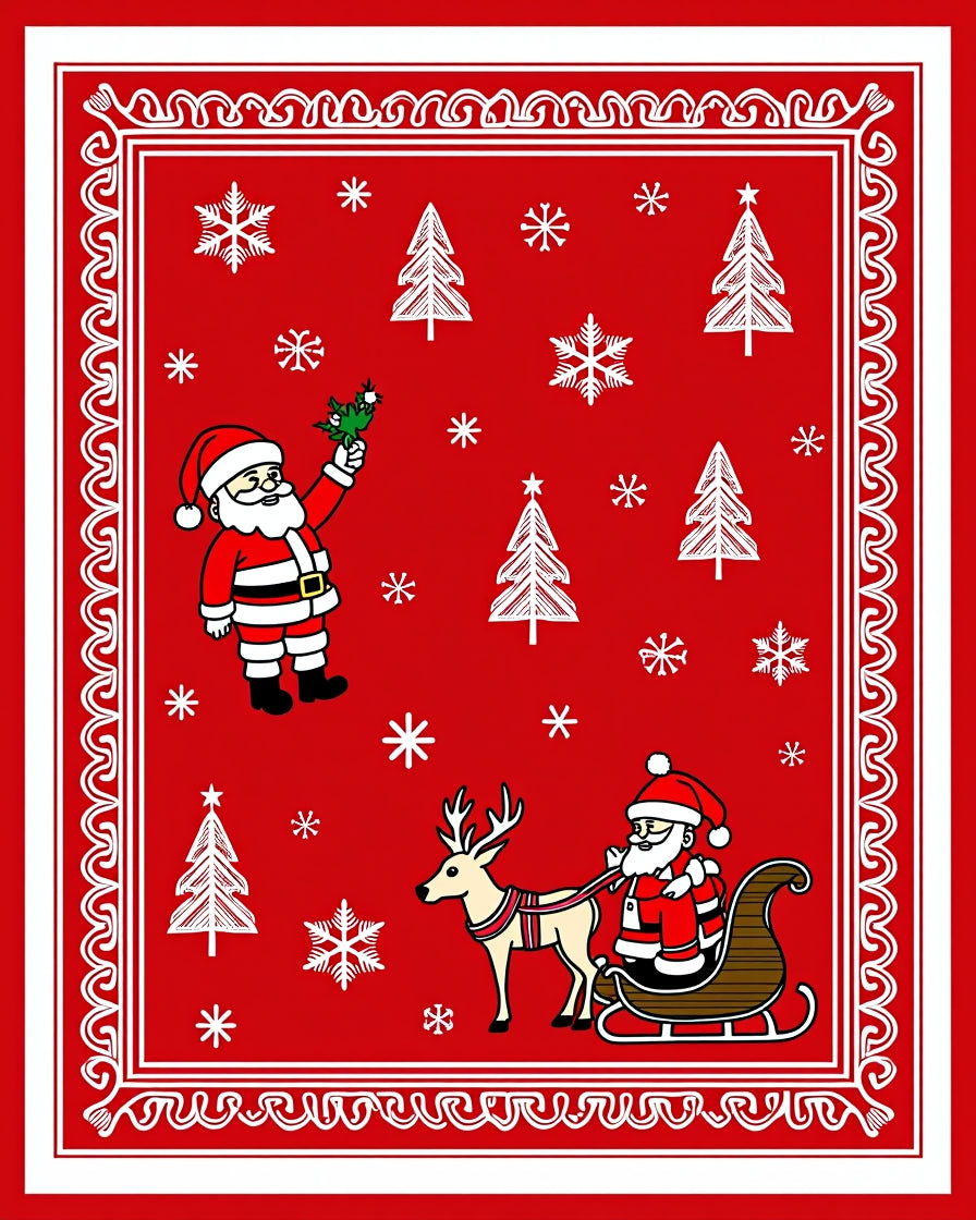 Festive Red Santa Sleigh Snowflakes Rug