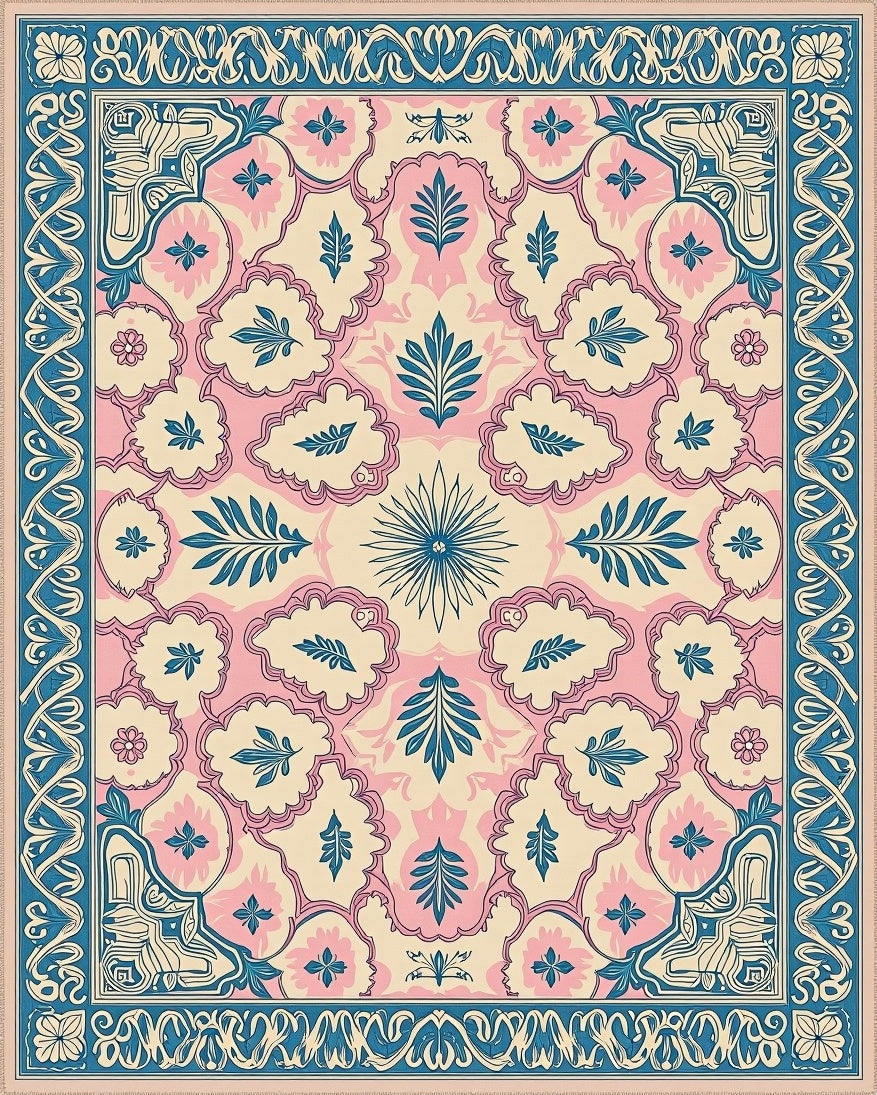 Coral Pink Teal Floral Medallion Rug