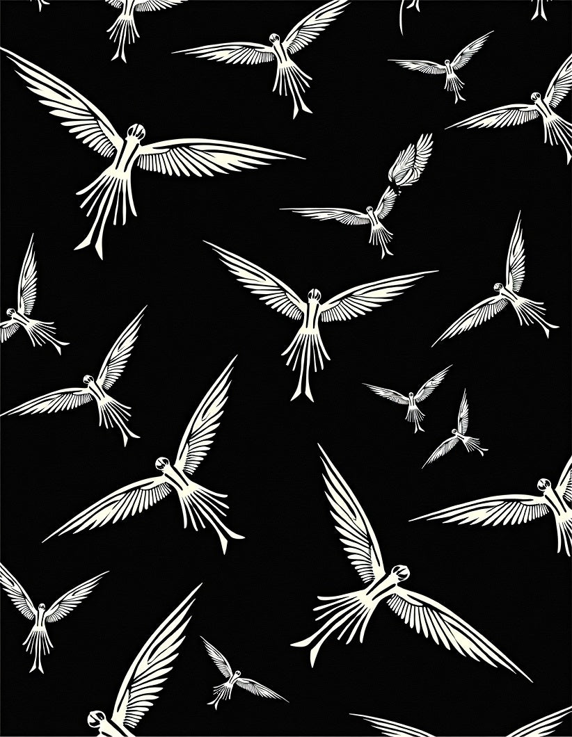 White Birds Flying Across Black Canvas Rug