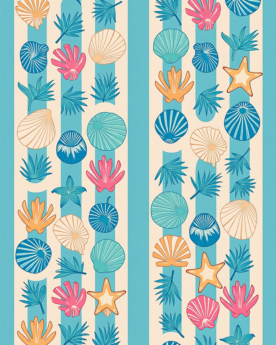 Aquatic Shell Starfish Foliage Stripes Rug