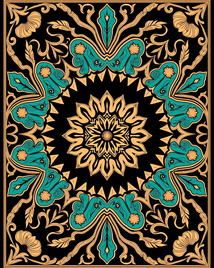 Teal Ochre Floral Butterfly Mandala Rug