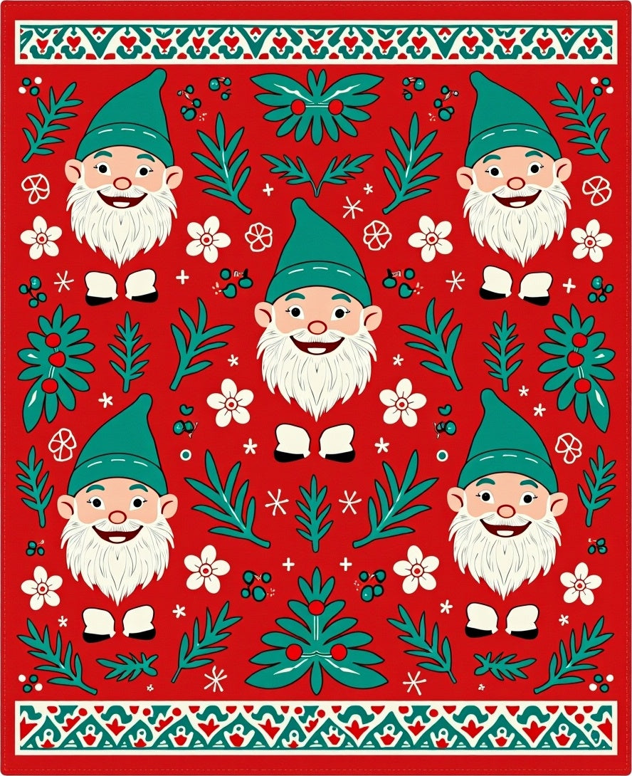 Red Gnome And Teal Evergreen Collage Rug