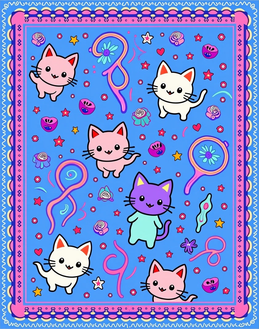 Cute Kitten Blue Whimsical Character Rug