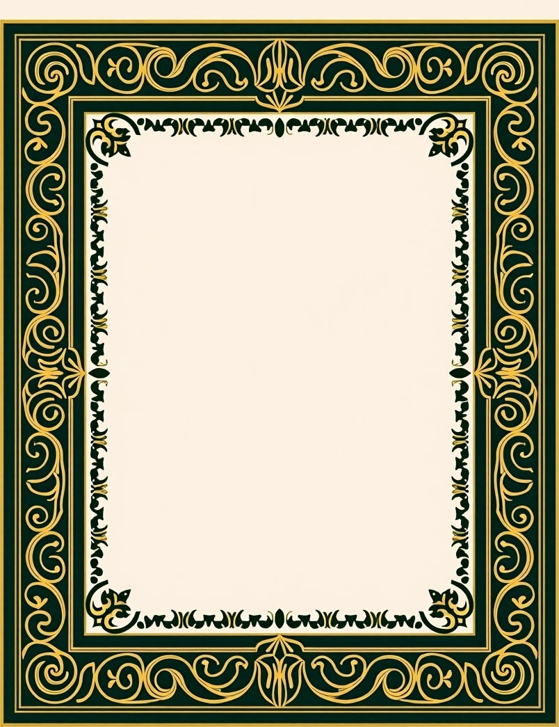 Ornate Gold and Emerald Scroll Border Rug