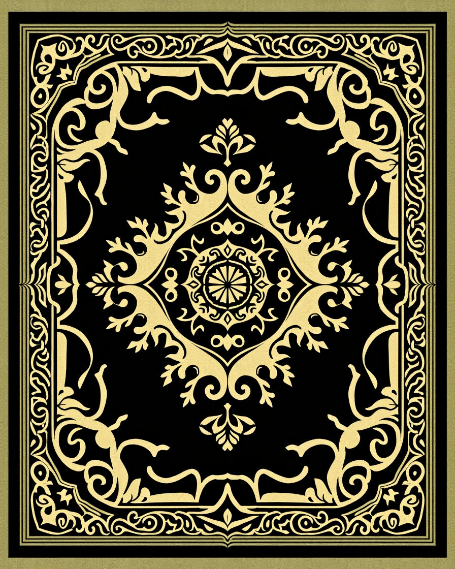 Black and Gold Ornate Medallion Rug