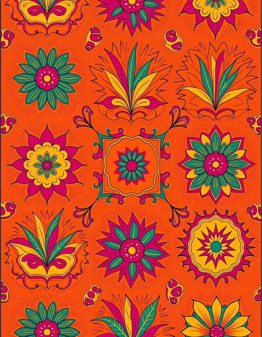 Vibrant Orange Floral Medallion Tapestry Rug