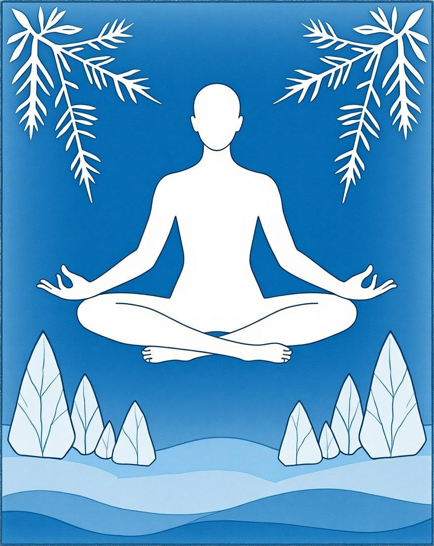 Serene Blue Meditating Figure Botanical Scene Rug