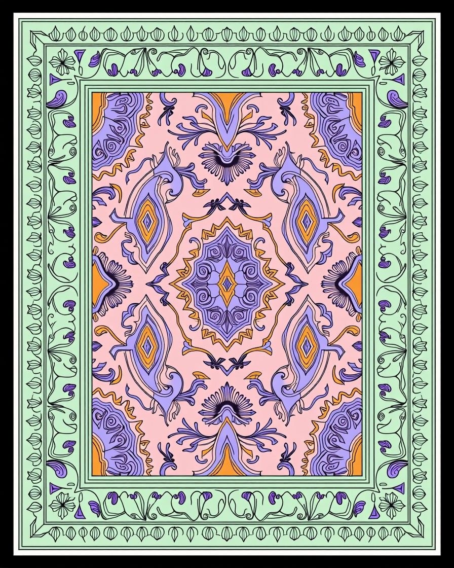 Pale Pink Purple Orange Ornate Border Rug