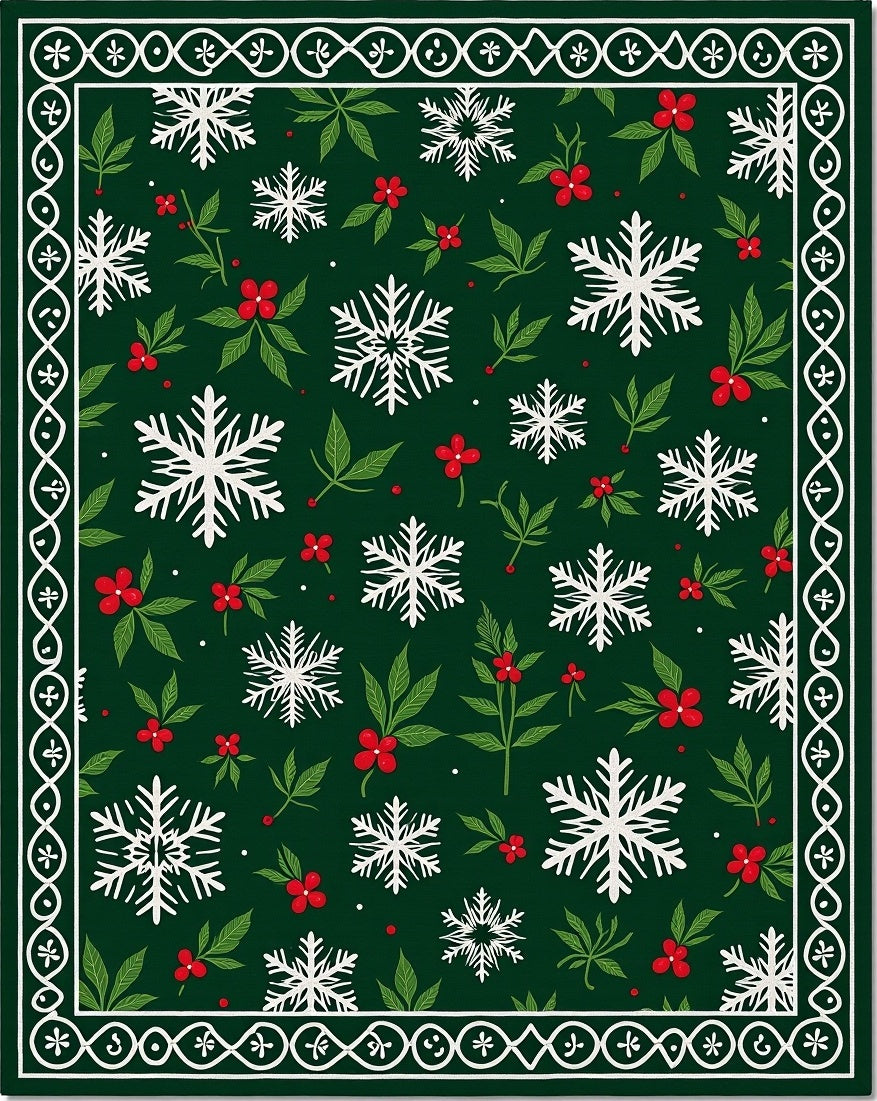 Green White Snowflake Holly Border Rug