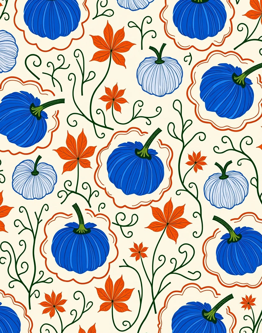 Blue Orange Autumn Pumpkin Vine Rug