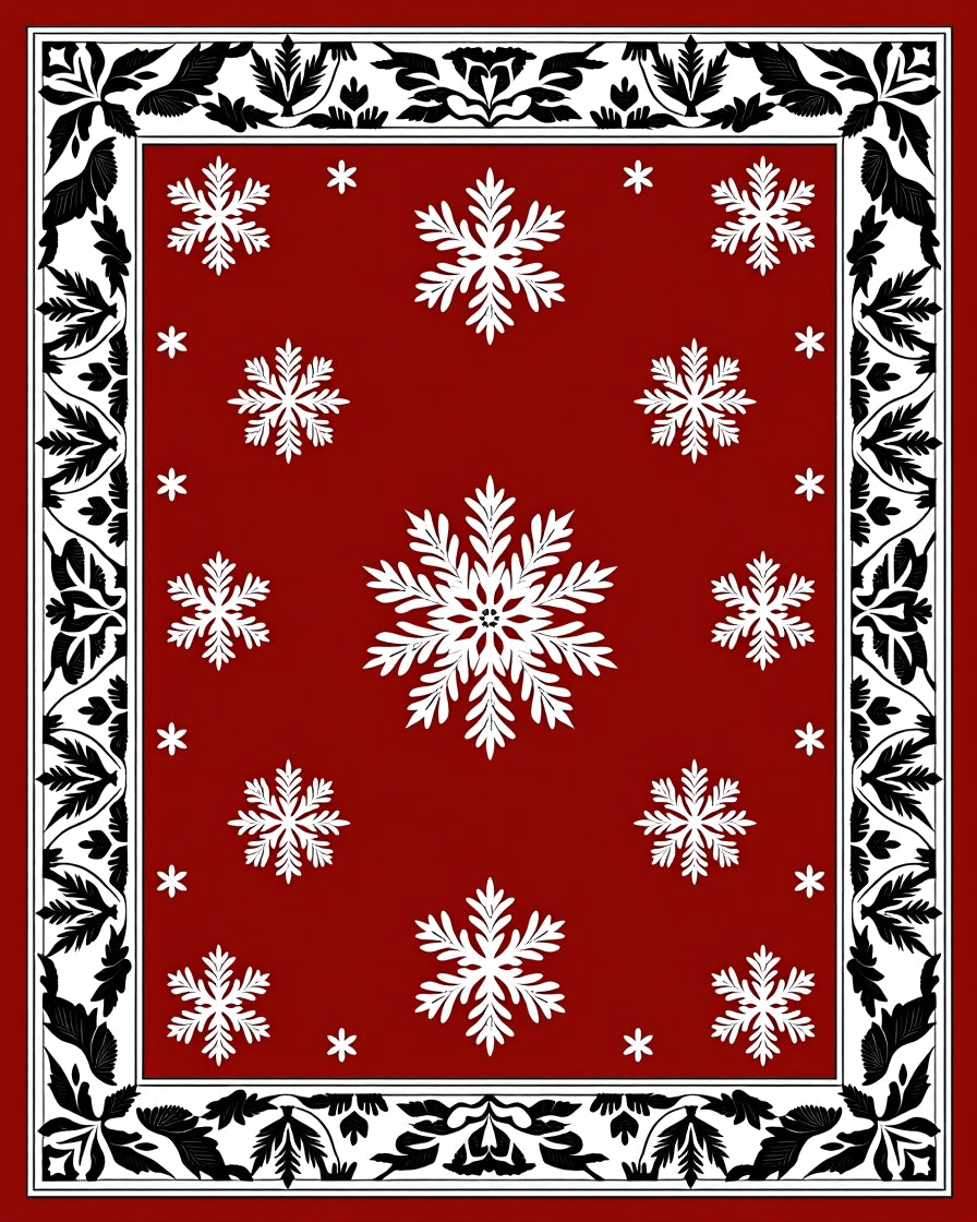 Crimson Red Snowflake Border Rug