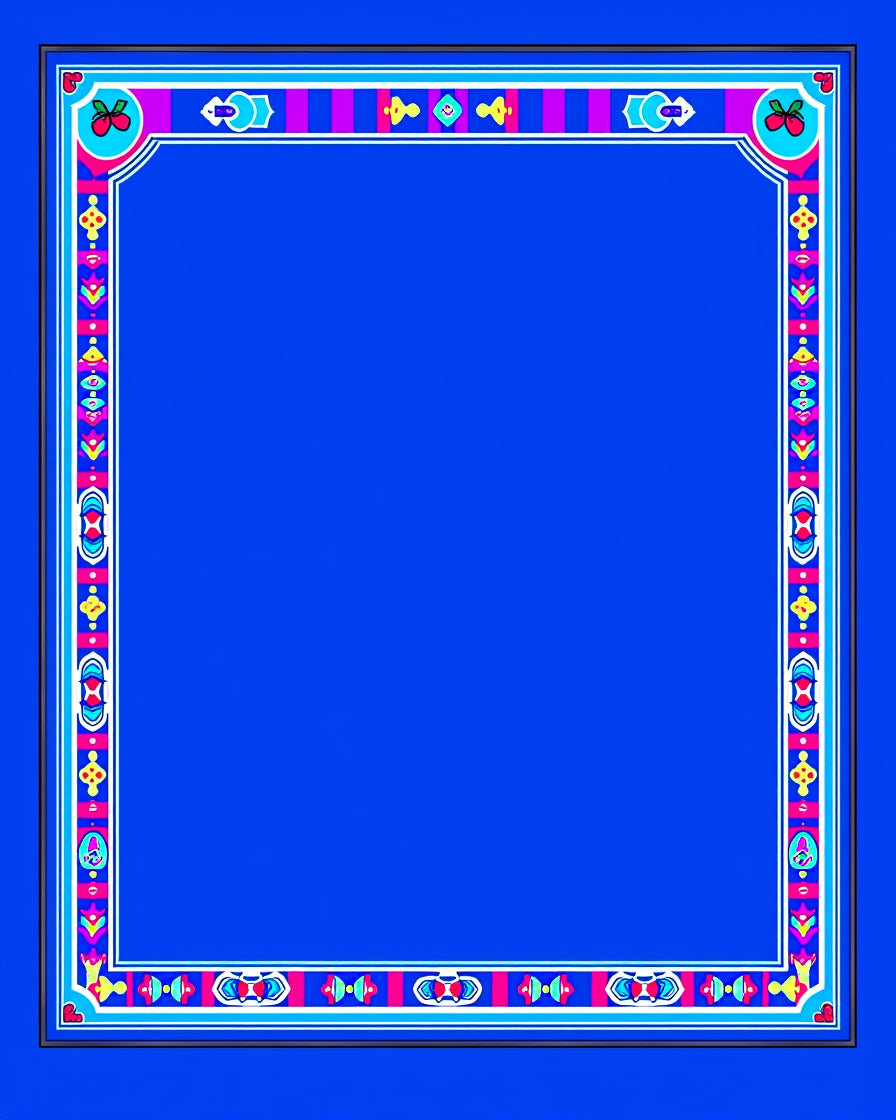 Vibrant Blue Bordered Folk Art Rug