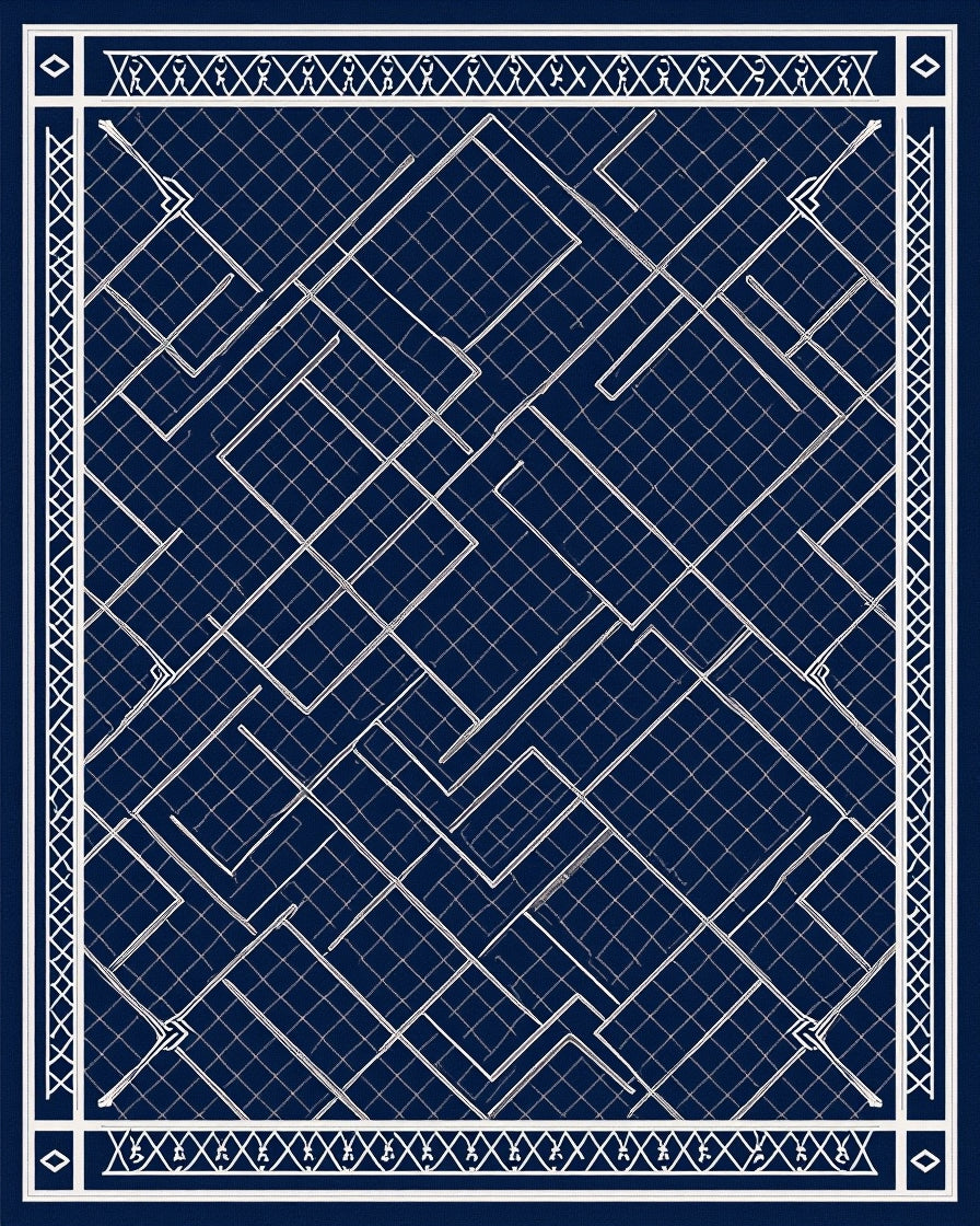 Modern Navy Blue Geometric Grid Layout Rug