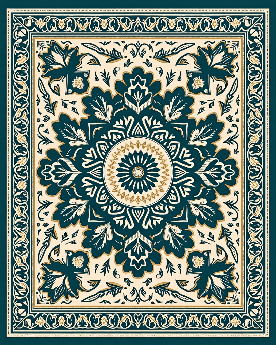 Teal Cream Floral Mandalas Rug