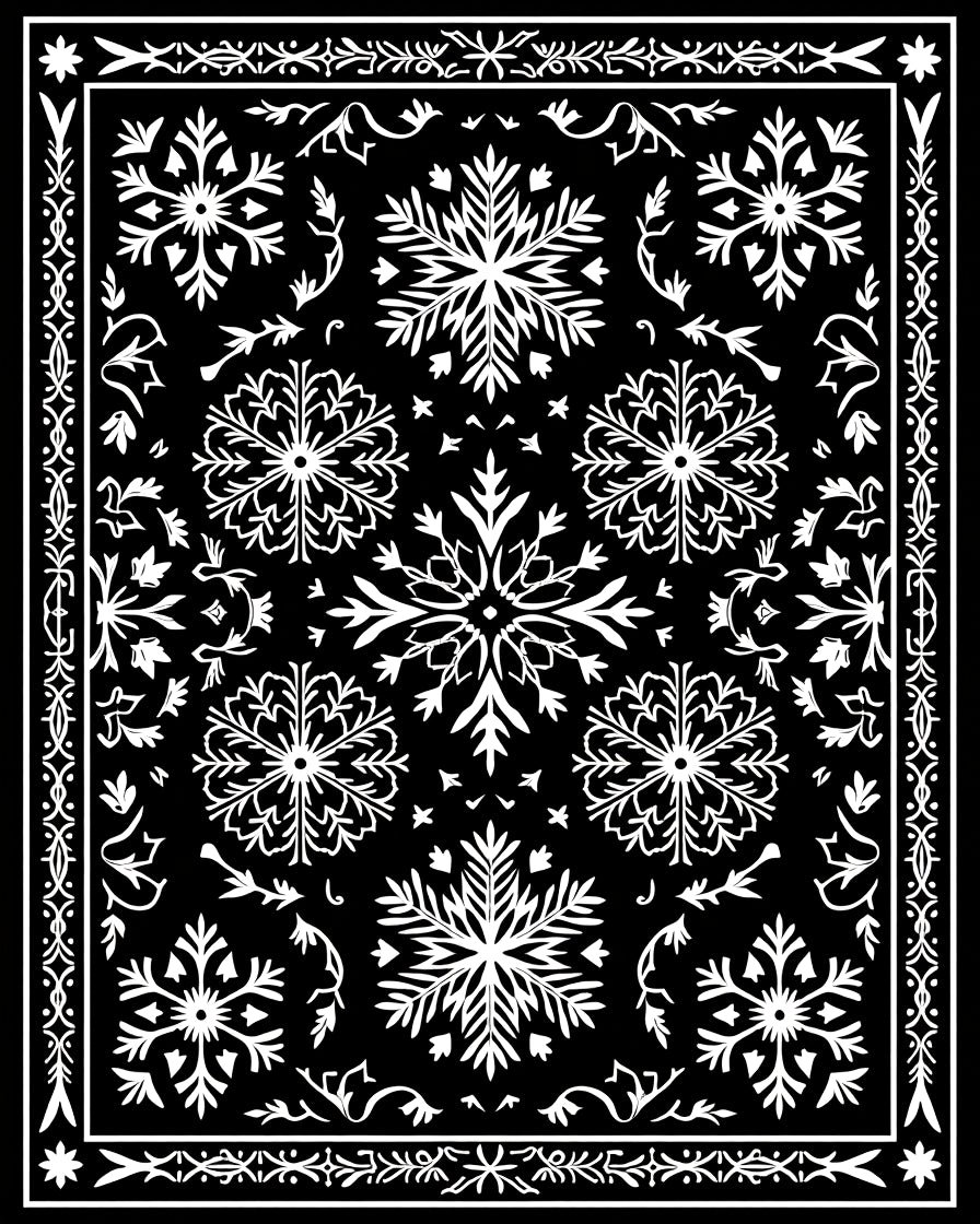 Black White Snowflake Mandala Border Rug