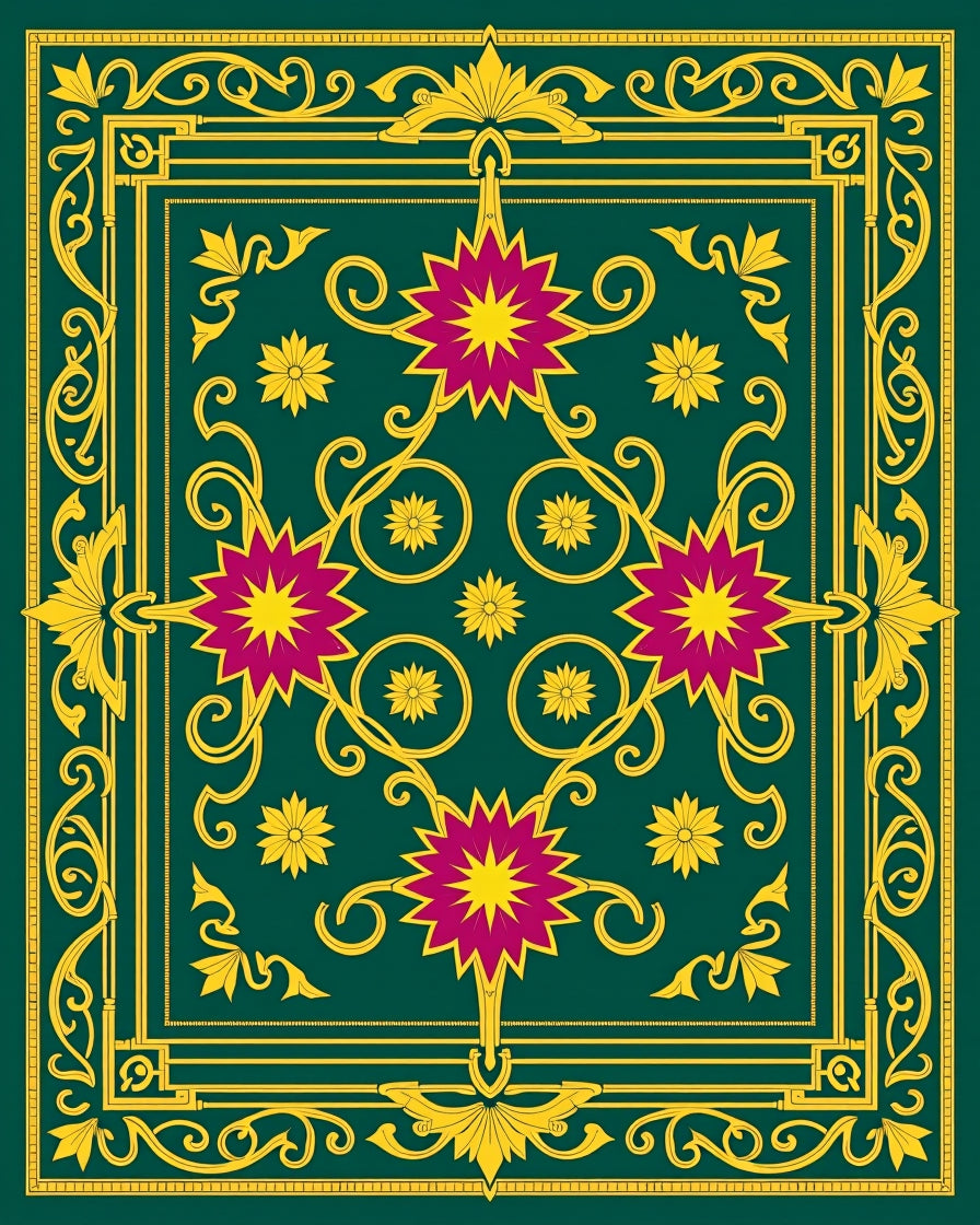 Emerald Green Floral Starburst Border Rug
