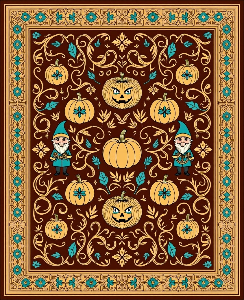 Spooky Pumpkin Gnome Autumn Scrollwork Rug