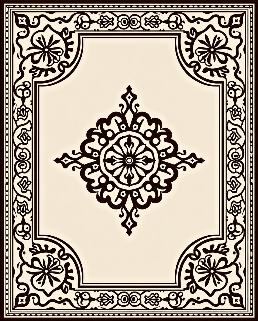 Elegant Cream and Black Medallion Border Rug