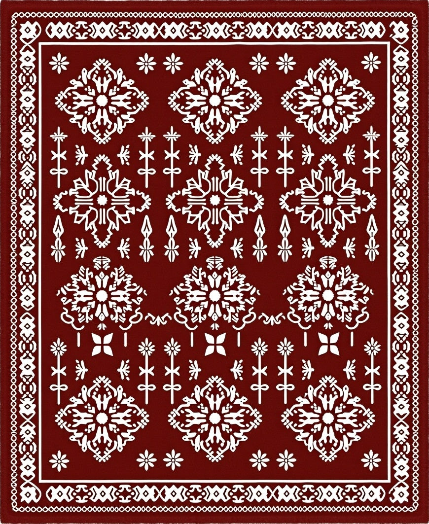 Crimson White Folk Art Botanical Rug