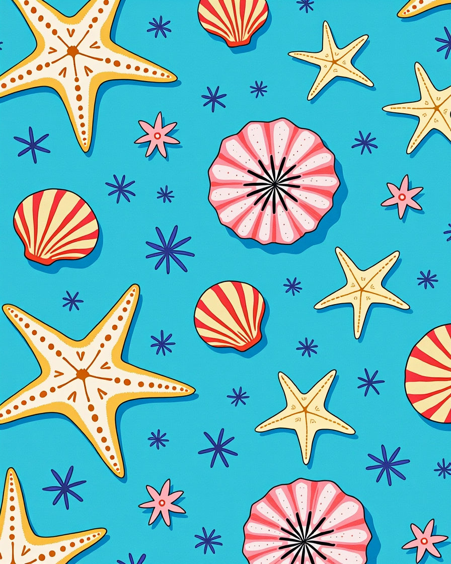 Aqua Sea Creatures Starfish Shell Toss Rug