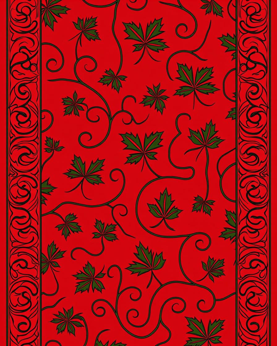 Crimson Green Leaf Vine Border Rug
