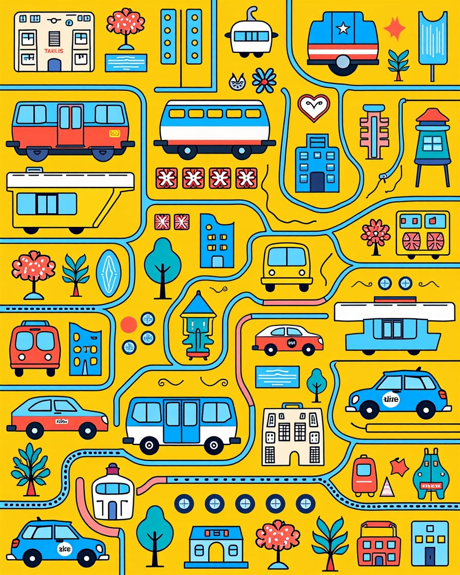 Whimsical Yellow Transportation City Scene Rug