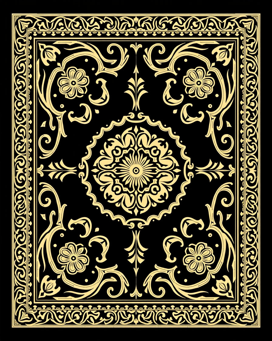 Black Gold Floral Medallion Border Rug
